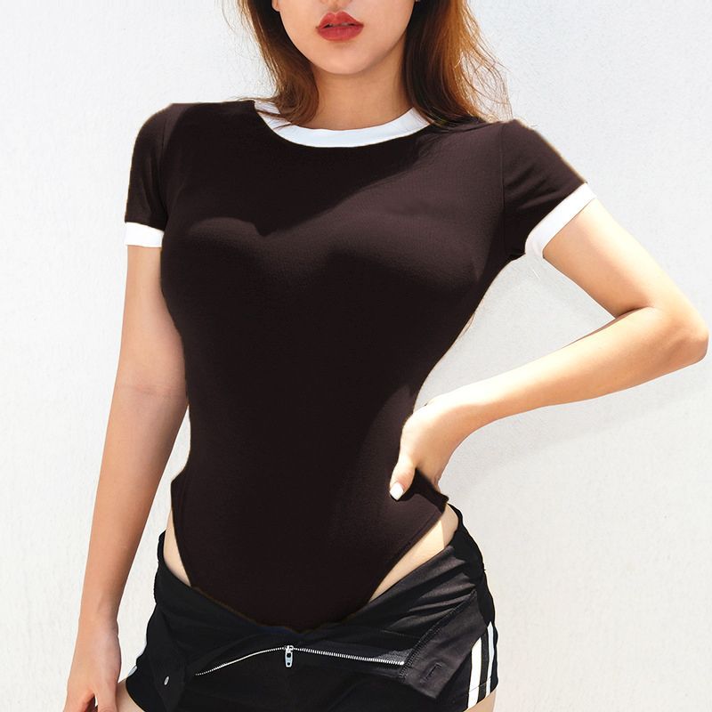 夏季新品圓領短袖連體女T恤拼色拼接時尚修身連襠連身高腰ins上衣