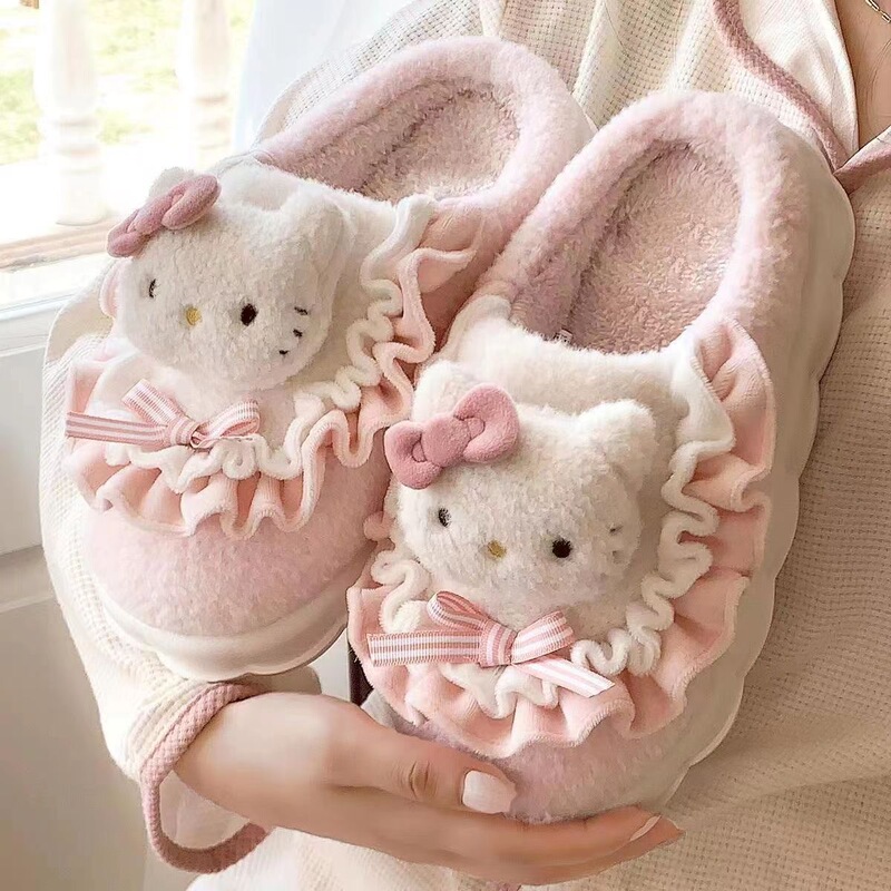 Hellokitty Cat Cotton Slippers Women's Winter Bag Heel 2024 New Cute Plush Fleece-Lined Postpartum Cotton Shoes for Women
