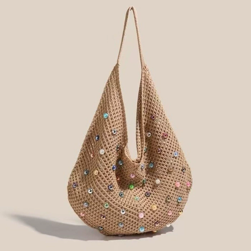 Вязаная сумка для женщин 2025, новый корейский стиль, плечевая сумка-тоут, ленивый стиль, вязаная с вырезом, цветочная пляжная сумка