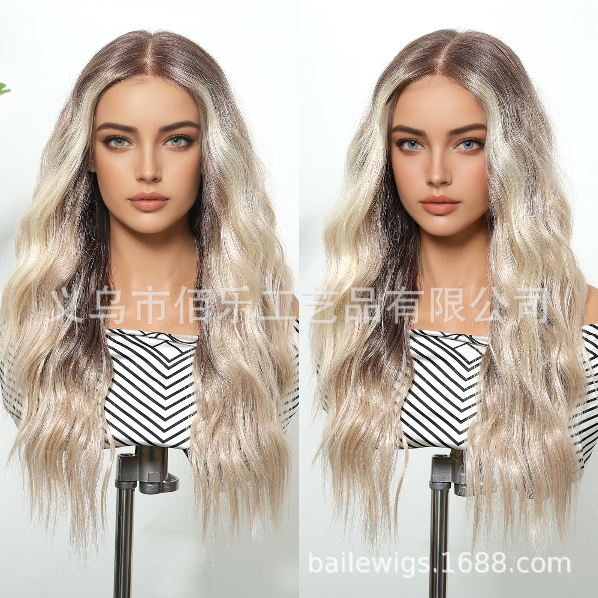 13*6 peluca de encaje de área grande, gradiente de platino, cabello largo y rizado, casco completo, tejido a mano, costura aleatoria, lace wig