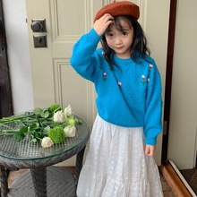 童毛衣2022秋季新品韓版女童花朵毛線衣兒童圓領長袖套頭針織衫