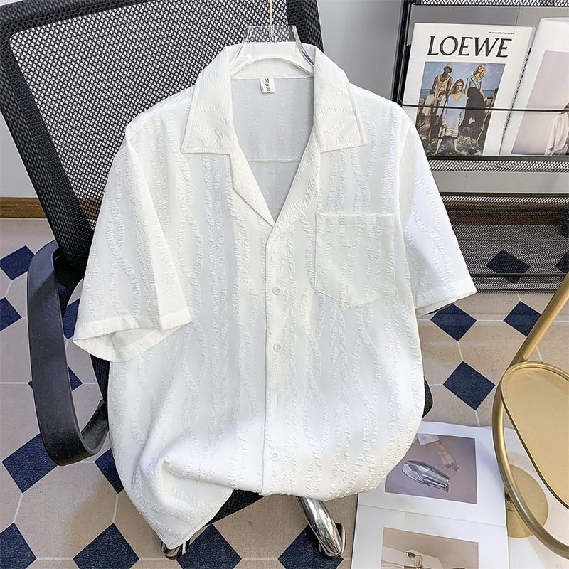 Summer White Beach Loose-Fitting Five-Quarter Sleeve Cuban Texture Collar Jacquard T-Shirt Shirt, Stylish Short-Sleeve Shirt for Men