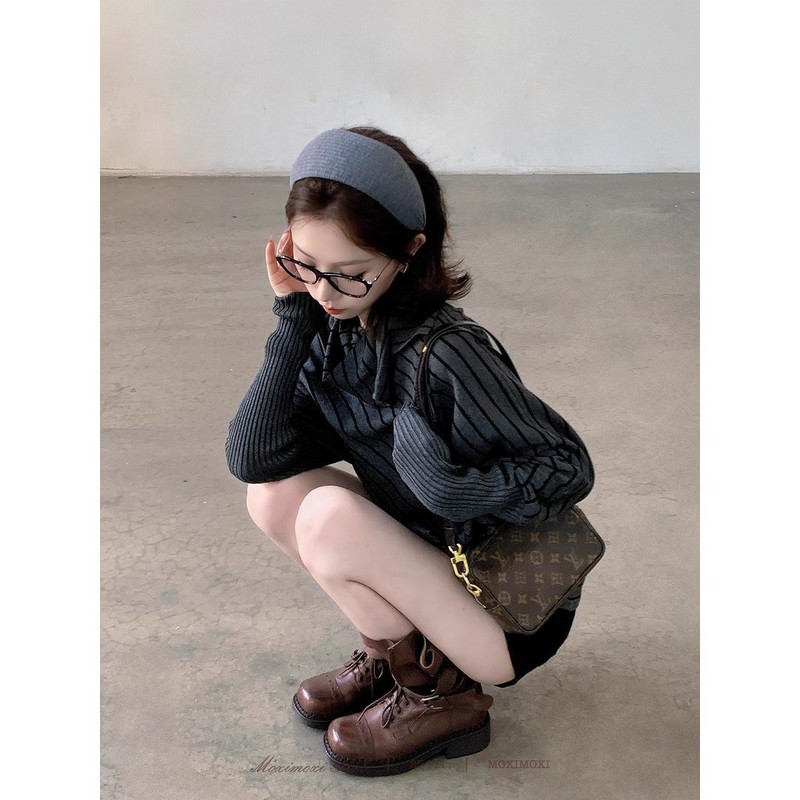 ro吧啦松弛感穿搭女早秋2025新慵懒风复古条纹蝙蝠袖高领针织上衣|undefined