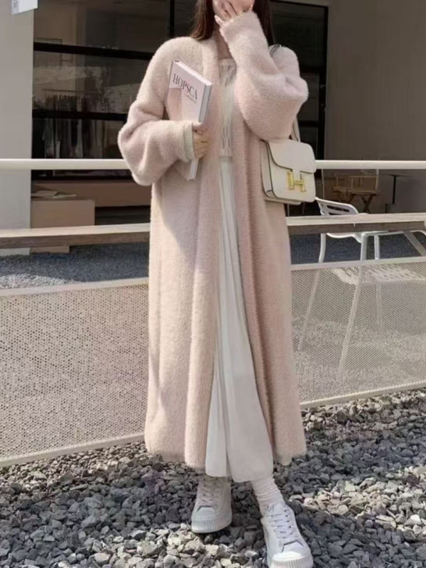 ゆったりとしたロング丈の膝丈以上丈の防寒用ミンク風セーターコート レディース 秋冬新作 クロスボーダー 大きいサイズ ゆったりニットカーディガン|undefined