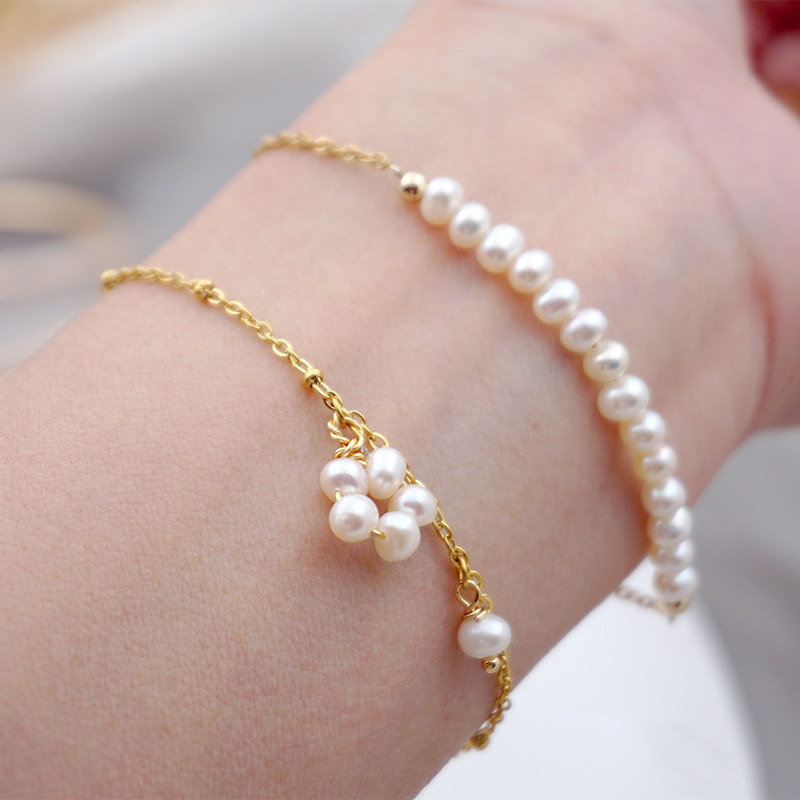 Freshwater Pearl Bracelet and Anklet Can Be Stacked with Gold Bracelet Titanium Steel Chain Ins Style Handmade Jewelry for Besties and Sisters