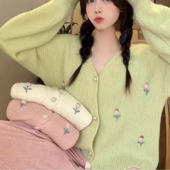花のセーターの大きいサイズの秋の緑のニットの小さい香りの風のコートのvネックのカーディガンの女性の柔らかいモチとした怠惰な風の上着