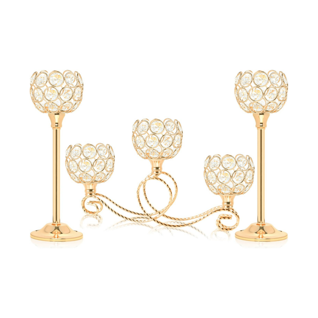 Amazon Metal chapado 3 cabezas 5 brazos combinación de té de cristal candelabro elegante mesa de boda centro decorativo candelabro