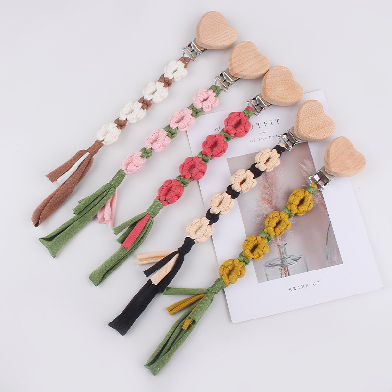 Nuevos productos para bebés, tela de algodón, cadena de chupete, pequeña margarita tejida a mano, chupete para bebés, cadena anti-caída