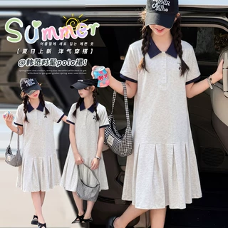 2026夏款女童灰色撞色Polo领连衣裙 韩版百褶儿童短袖裙120-170码