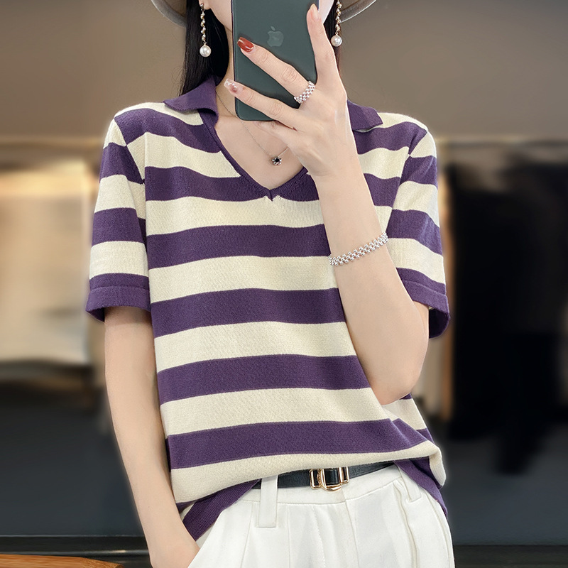 POLO Collar Cotton Knitted Shirt Short-sleeved T-shirt Women's Summer Age-reducing Pullover Half-sleeved Top Loose Large Size Vest