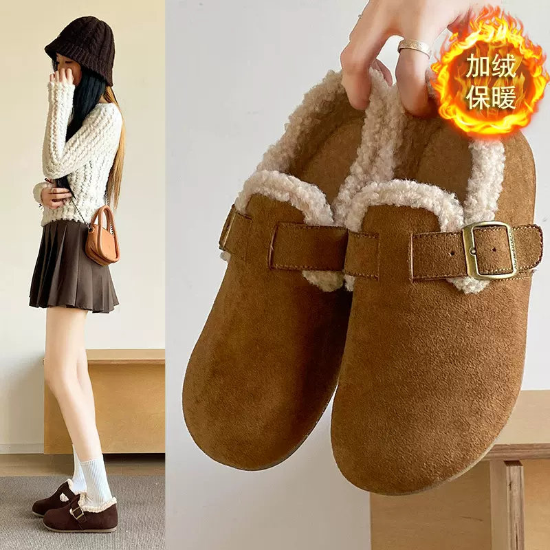 勃肯鞋女加绒保暖2025秋冬新款森系复古休闲平底丑萌大头单鞋Y20