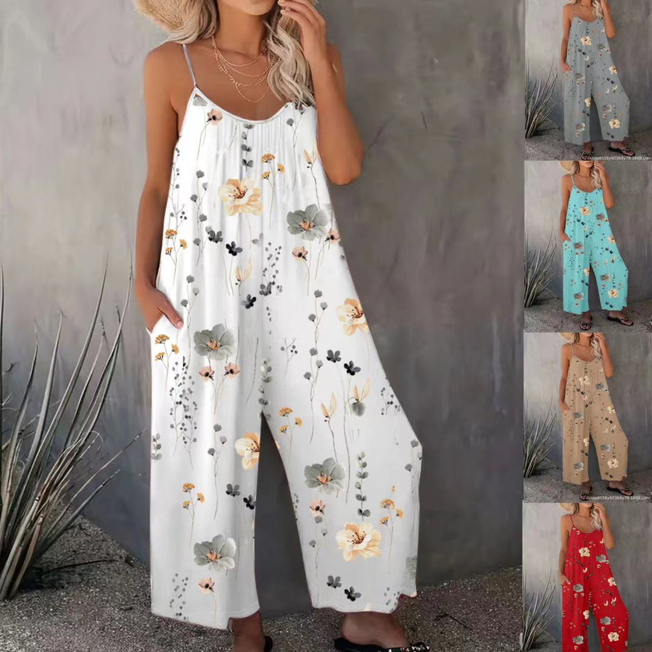 Cross-Border Amazon Women's Casual Suspender Pocket Sleeveless Printed Jumpsuit Vacation Style Sleeveless Wide-Leg Jumpsuit