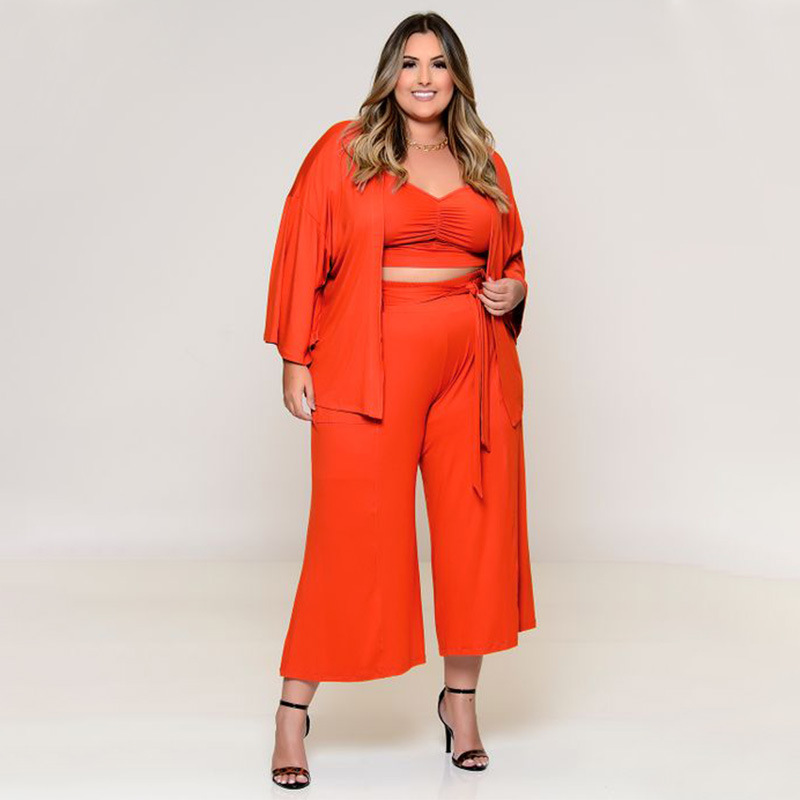 plus size solid color vest trousers long sleeve jacket three-piece lounge set NSLNW137047