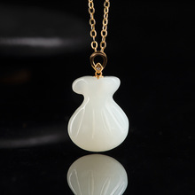 新款和田玉白玉福袋吊坠18K金镶玉石项链挂件男士女款礼品批发