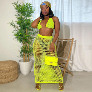 Cross-border Hot 2020 Summer New Handmade Knitted Hollow Beach Blouse Sexy Mesh See-through Two-piece Suit