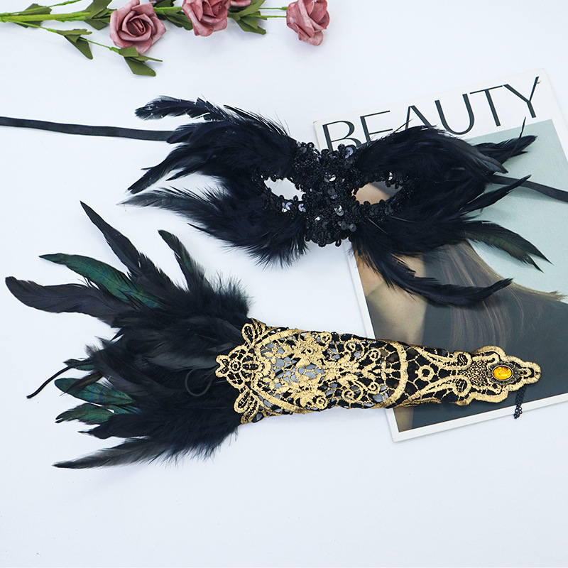 Máscara de plumas estilo gótico para fiesta, encaje calado, protector de brazo, diadema elástica con lentejuelas, estilo oscuro TK