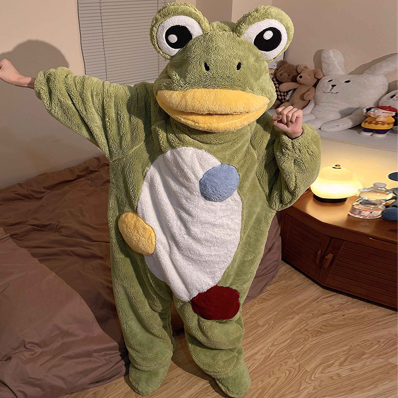 Spring, Autumn and Winter Frog One-Piece Pajamas Women's Coral Velvet Thickened Velvet Pajamas Sleeping Bag Cute Funny Women's Home Clothes Spring, Autumn and Winter Frog One-Piece Pajamas Women's Coral Velvet Thickened Velvet Pajamas Sleeping Bag Cute Funny Women's Home Clothes