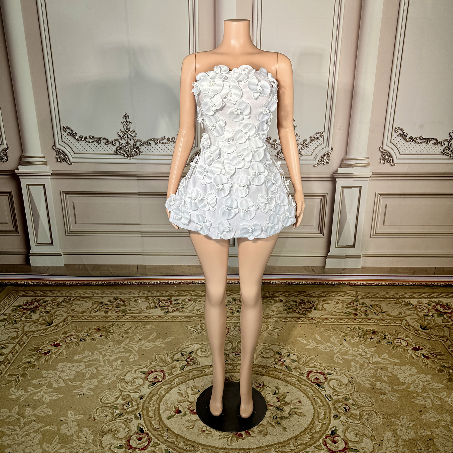 Rich heiress' pure first love white floral strapless jumpsuit for art exam, coming-of-age ceremony, birthday party, and photo shoot dress