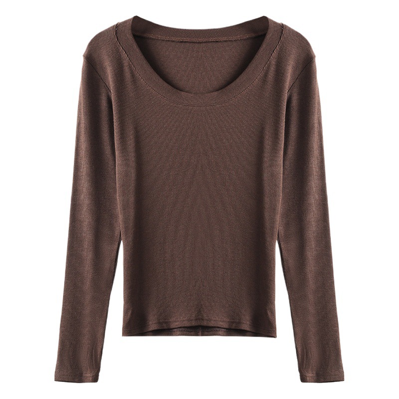 Hilo modal color sólido gran cuello redondo camisa de manga larga Fondo Otoño de las mujeres que adelgaza la camiseta de hombro superior interna delgada