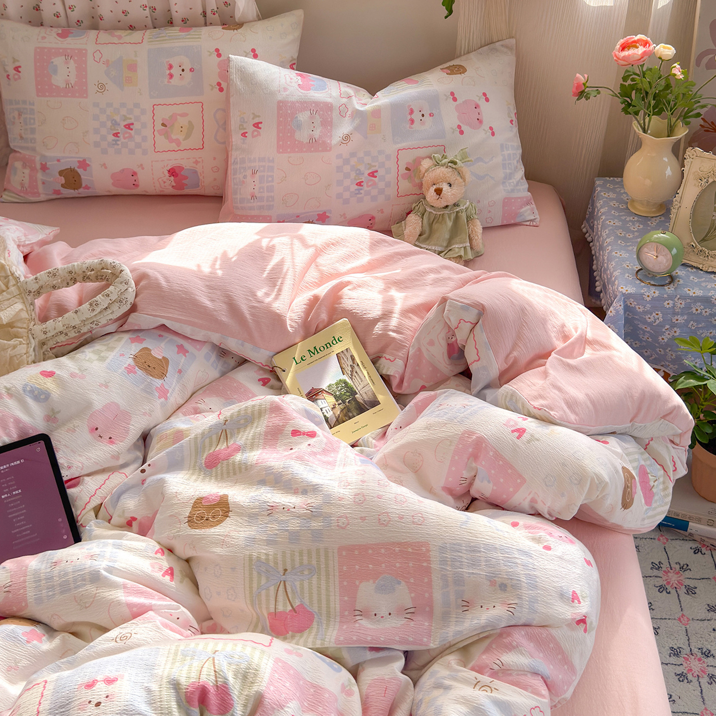 Una clase de cuatro piezas de grado materno-infantil de algodón puro de doble capa de algodón en la cama cubierta de sábanas de cama nueva cama de dormitorio Kasa San set de 4 piezas