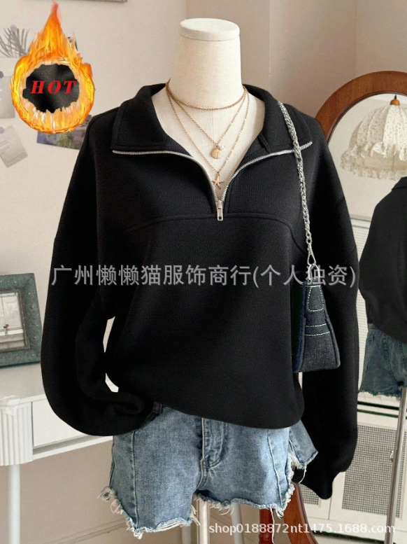 欧美跨境SHEIN2025秋冬新款返校时尚休闲长袖外套V领半拉链宽松卫|undefined