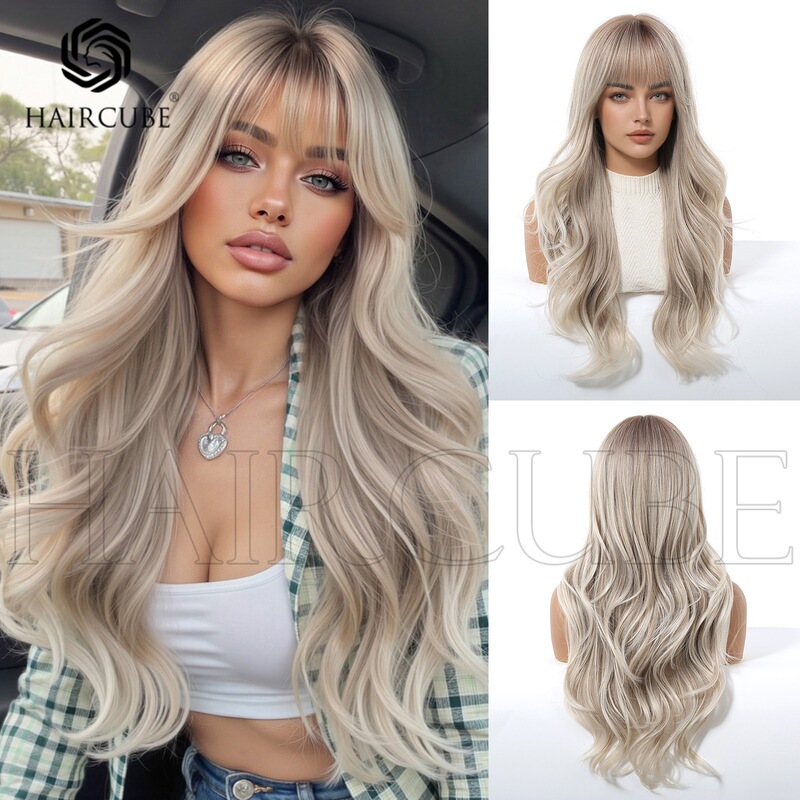 Manufacturer Wholesale Natural Fluffy European and American Gray Gold Long Curly Hair with Bangs Wig New Women's Machine-Made Chemical Fiber Headgear
