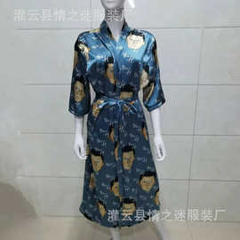 亚马逊冰丝女士丝绸睡袍春夏季丝绸浴袍欧美大码家居服批发1273
