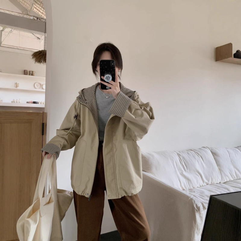 格子拼接连帽外套女2025春秋新款宽松显瘦休闲百搭夹克上衣|undefined