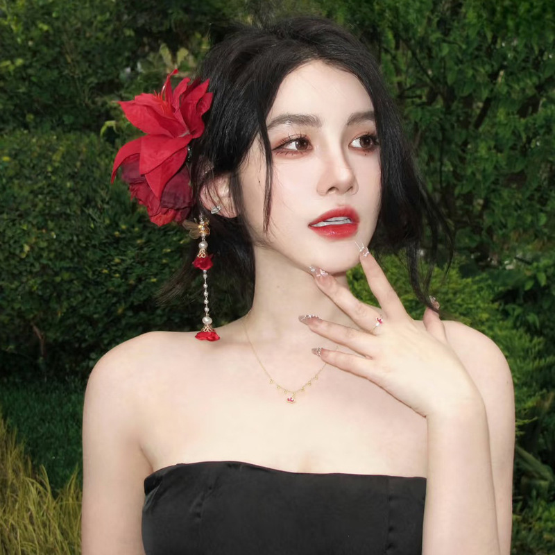 新しい中国風の赤い牡丹の花の真珠のタッセルヘアピンレトロなハイエンドの気質ヘアサイドクリップ古代スタイルの頭飾り|undefined