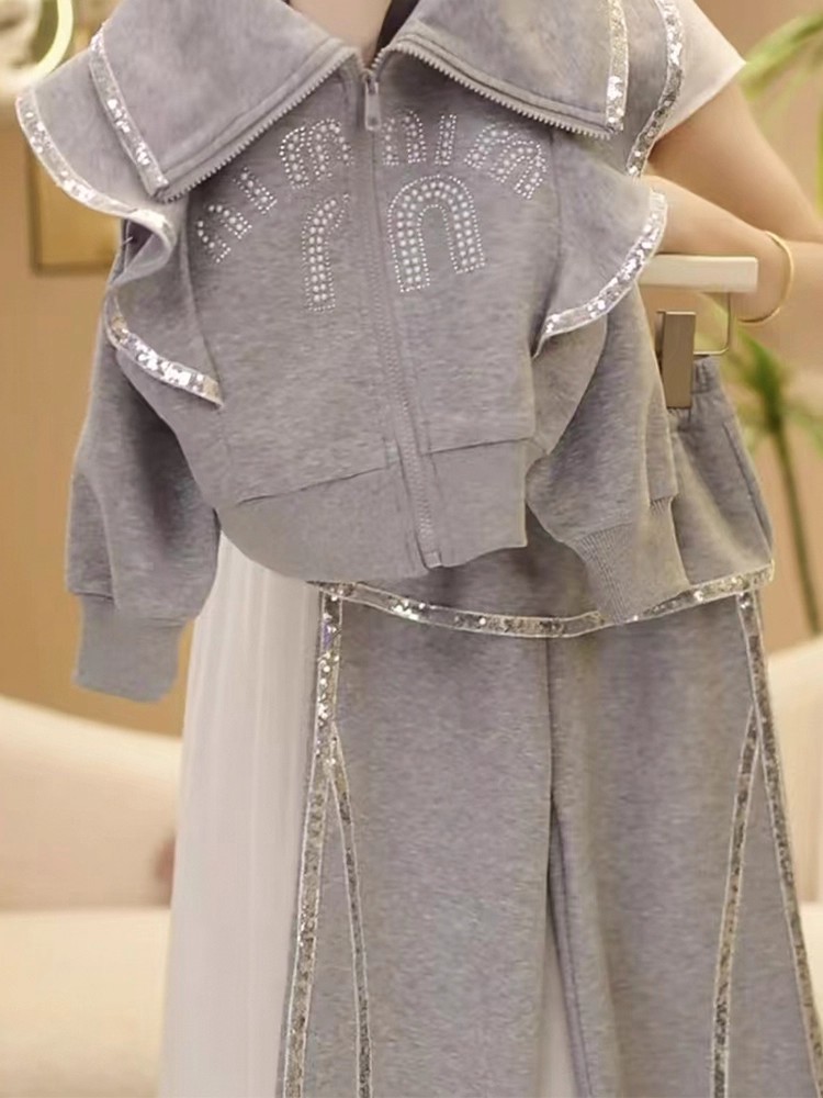 女童秋装2025新款套装洋气儿童时髦翻领亮钻两件套女孩春秋款衣服