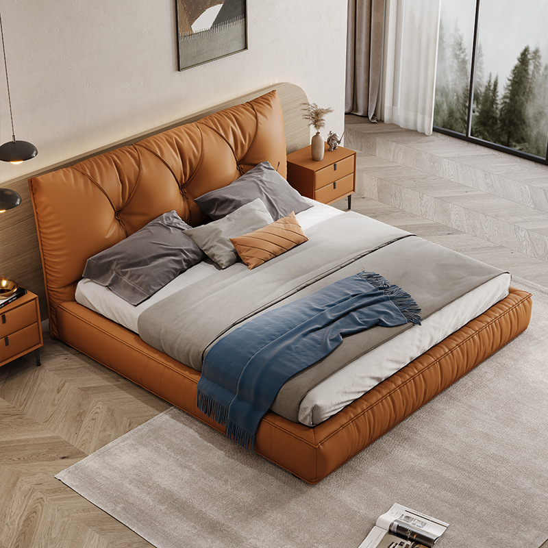 Cama de cuero genuino Luz de lujo moderno dormitorio principal cama 2*2 M primera capa de piel de vaca de gama alta elegante cama doble simple cama de boda grande