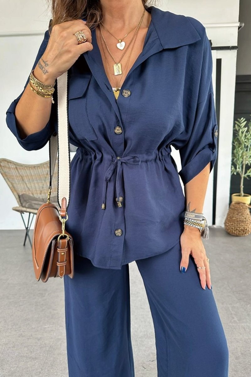 Women's Autumn Solid Color Casual Button Drawstring Loose Suit European And American Style_ecoleips.com
