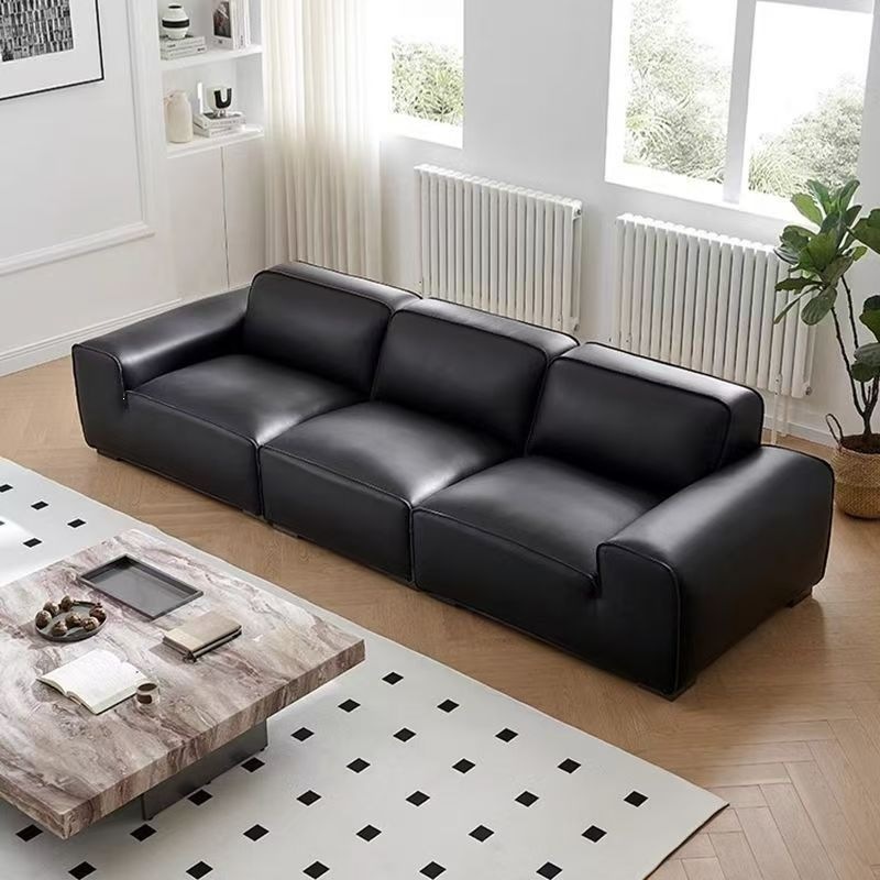 Large Black Cowhide Sofa, Italian-Style Minimalist Modern Living Room, Cat-Scratch Resistant, Straight-Row Latex Tofu Block, Rental House Small Sofa