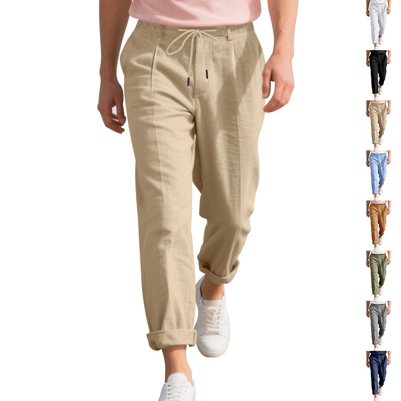 Cross-border men's casual solid color linen comfortable breathable beach pants loose drawstring belt straight leg pants