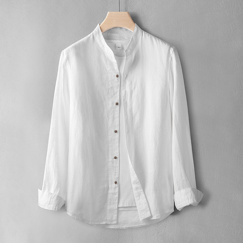 Summer Linen Shirt Men's Loose plus size Collar Long-sleeved Shirt Solid Color Top Cardigan Jacket Casual Thin Breathable
