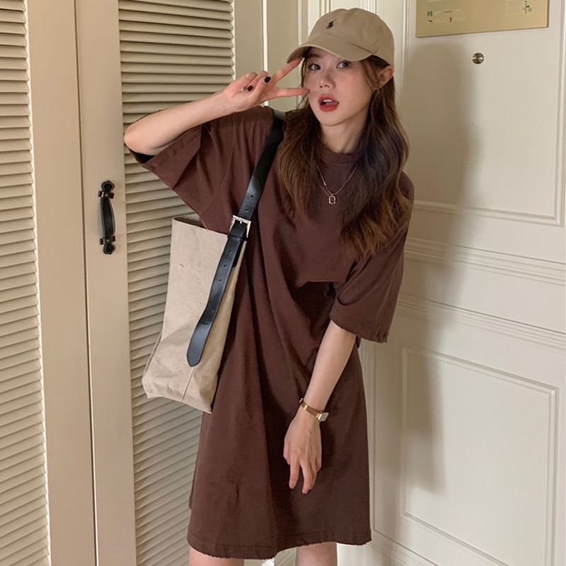 2025 Summer New Solid Color Grinding Loose Short-sleeved T-shirt Female Students Mid-length Half-sleeved dress Top