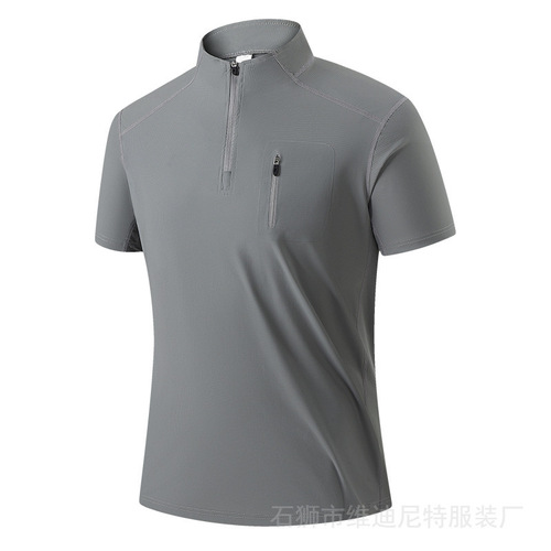 Cross-border - 2025 Half Zip T-Shirt Men's Short Sleeve Ice Silk Quick Dry Running Fitness Elastic Breathable Casual Sports Top