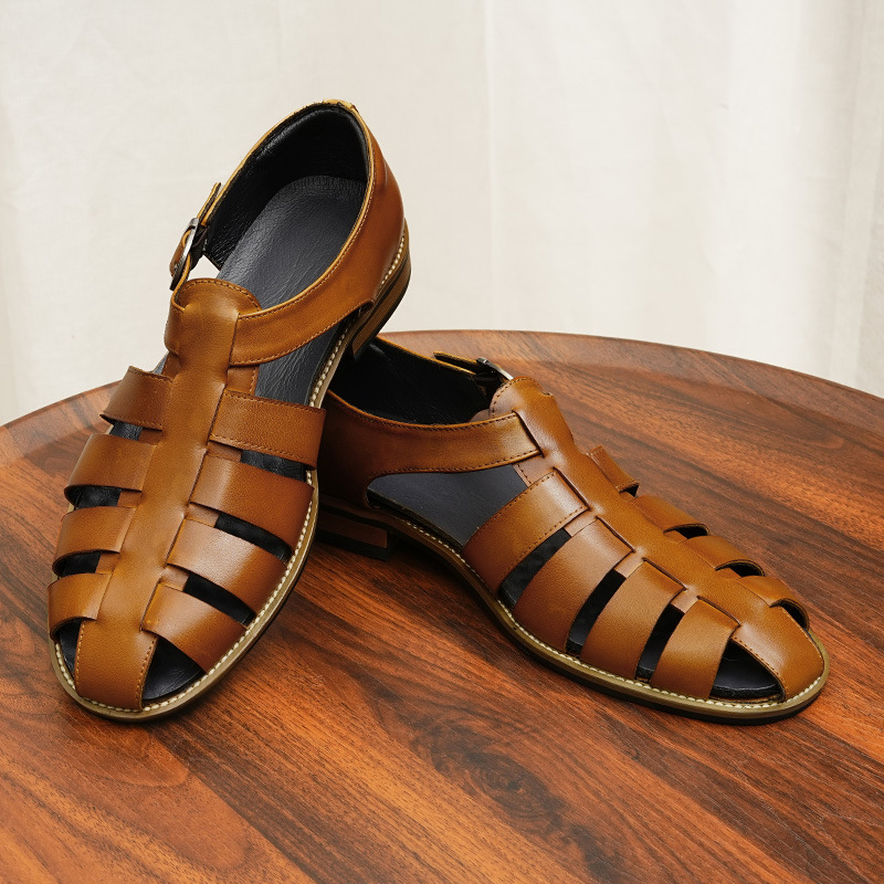 2025源头工厂外贸新款欧美男款真皮鞋休闲平跟大码牛皮男士凉鞋