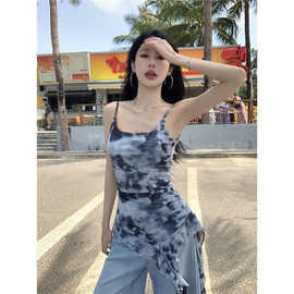港风复古扎染网纱吊带背心女夏季时尚辣妹撞色减龄褶皱不规则上衣