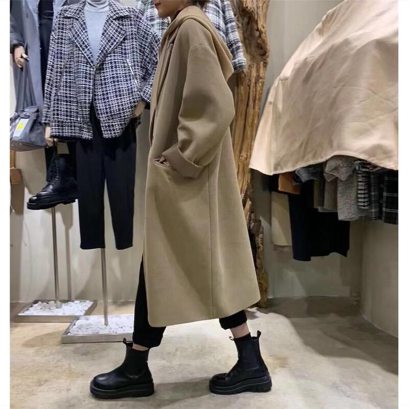 韩版2025秋冬长款连帽西装大衣假两件女休闲宽松时尚呢料加厚风衣|undefined