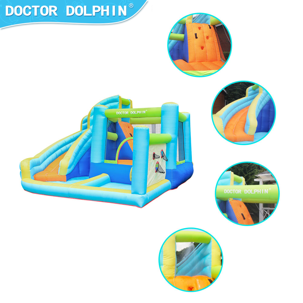 Doctor Delfín | Castillo inflable para el hogar, pequeño castillo inflable con rociador de agua para niños, tobogán inflable para interiores, trampolín acuático