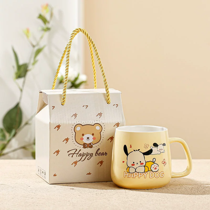 Комплект керамических кружек, 401–500 мл, с ложкой и подарочной коробкой, милый дизайн собаки