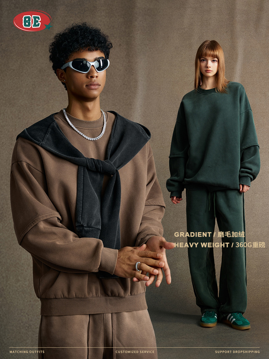 BE ropa de hombre | Sudadera para hombre con forro polar, cuello redondo, estilo europeo y americano, de marca de moda para comercio exterior, con lavado y efecto desgastado, diseño de patchwork de dos piezas falsas y estampado de copos de nieve.