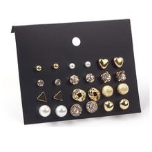 韩版热卖珍珠锆石卡装耳钉 12对金属几何耳饰 套装耳钉