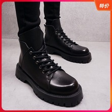春秋潮流男鞋真皮牛皮帅气马丁英伦短靴男士皮靴子厚底内增高8cm