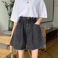 2025夏の新型の大きいサイズのデニムの半ズボンの女性の広い足は辺を巻いて腰がゆったりしています。
