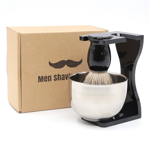 Wood Handle Mustache Brush Shaving Brush Set Mustache Brush Bowl Holder Men's Foam Manual Shaving Trimmer Three-Piece Set 