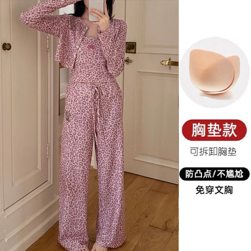 Mousse Cashmere Pajamas for Women in Spring and Summer with Padded Suspenders, Cardigan and Trousers, Three-Piece Set, Sweet and Wearable as Home Clothes