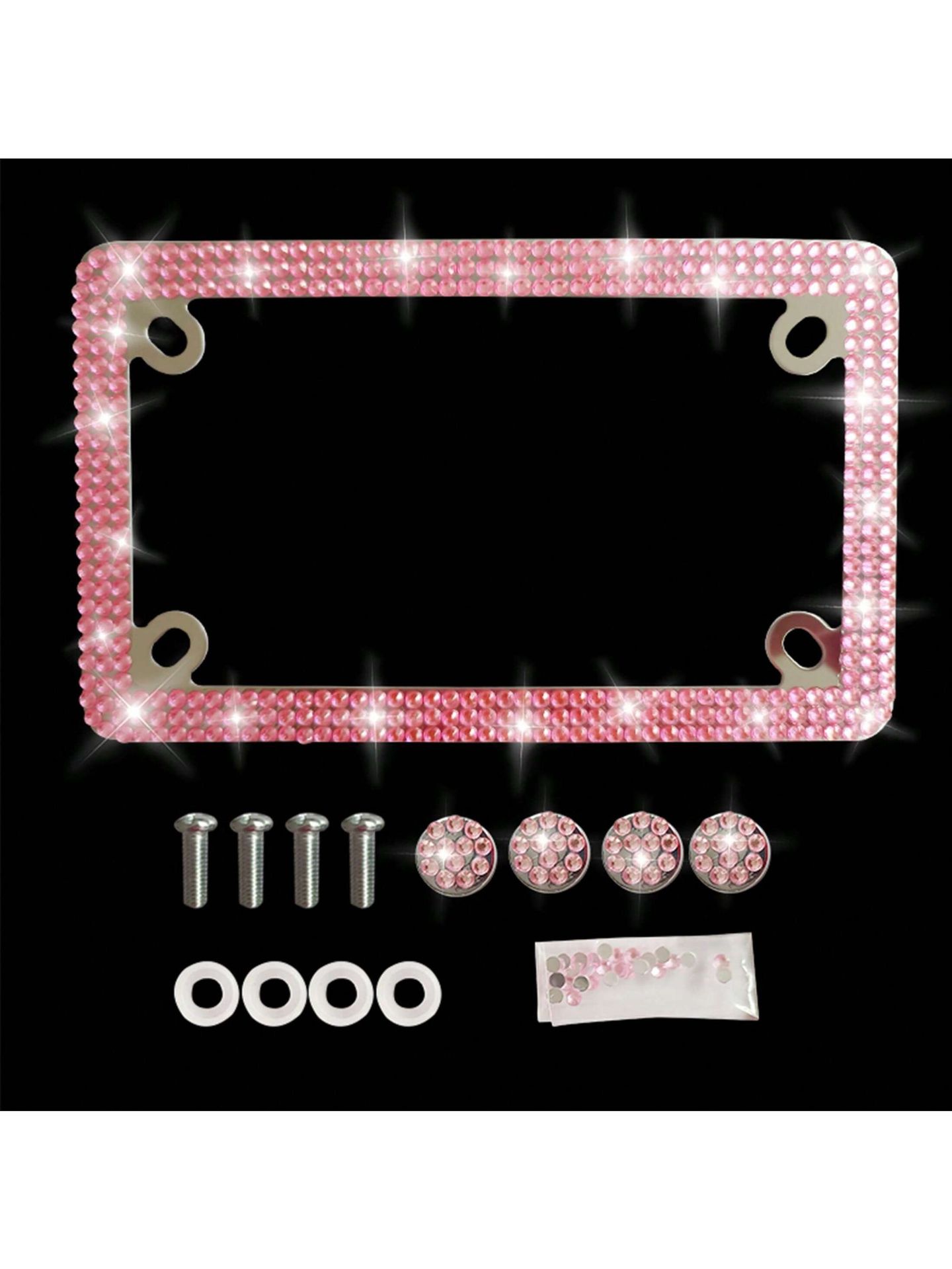 Motorcycle 4-Hole Rhinestone License Plate Frame Stainless Steel