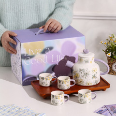 アイリス高価値ティーセット、ウォーターセット、ビジネスギフトセット、レトロ花柄セラミックケトル、カップ、お土産